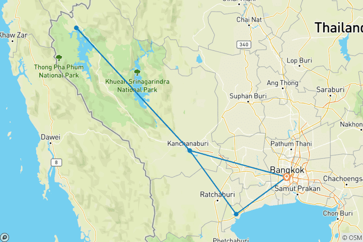 Carte du circuit Aventure personnalisée à Bangkok et à la campagne, départ quotidien