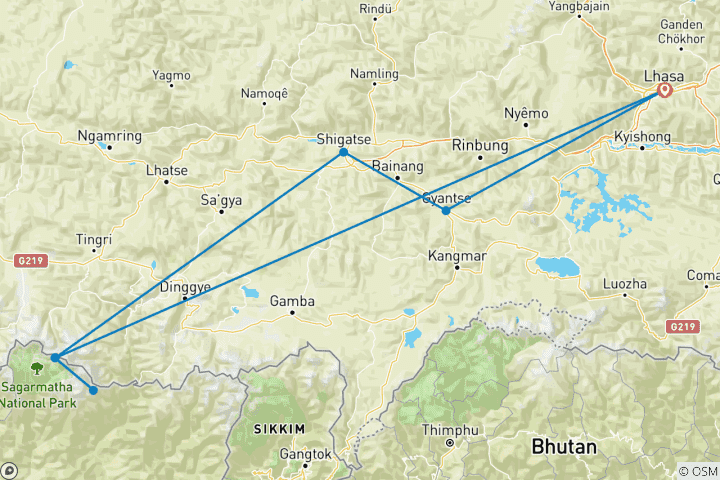 Carte du circuit Le Tibet : Trekking au pied de l'Everest, du Lhotse & du Makalu