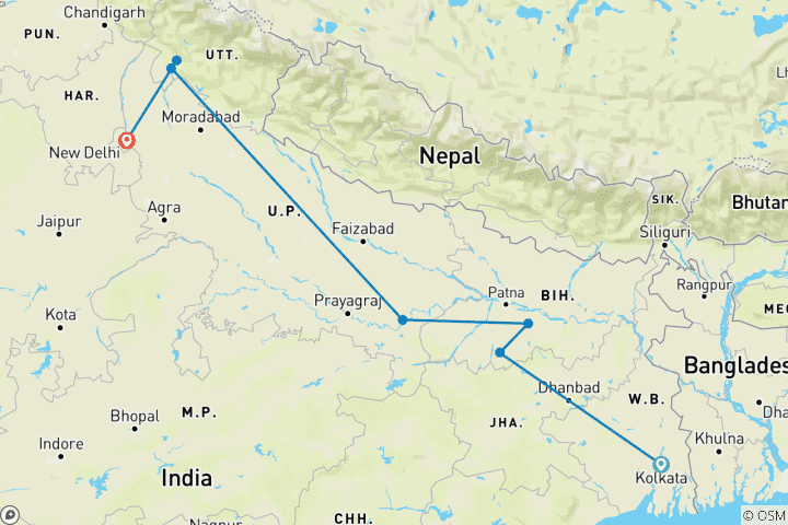 Karte von Indien: Von Kalkutta zu heiligen Stätten am Ganges