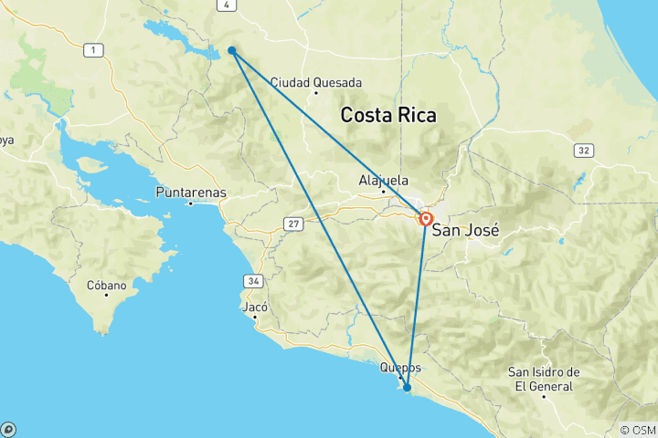 Map of Romantic Adventure in Costa Rica, Self-Drive