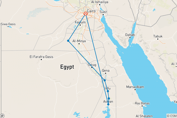 Kaart van Egypte van noord naar zuid over land