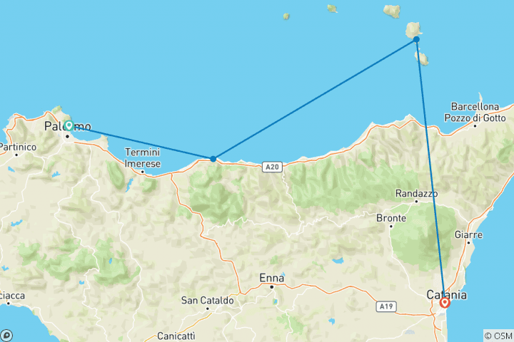 Carte du circuit Nord de la Sicile : îles et volcans