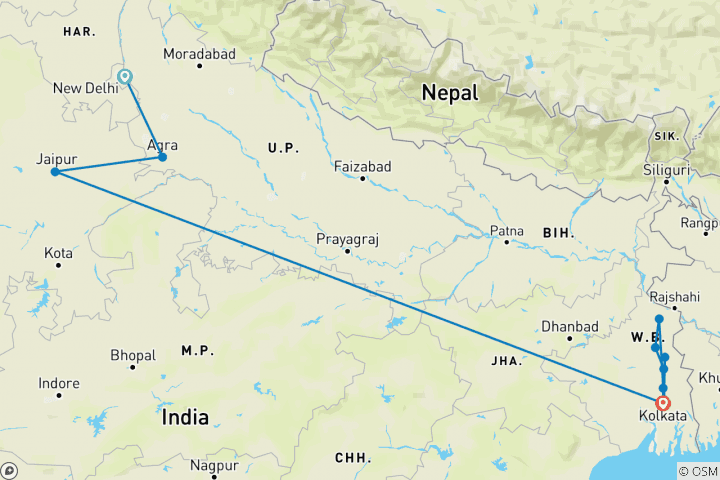 Map of India's Golden Triangle & the Sacred Ganges (2024) (New Delhi to Kolkata, 2024)