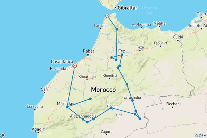 Carte du circuit 9 jours de Tanger à Casablanca, Chefchaouen, Fès, désert, Marrakech et chutes d'Ouzoud