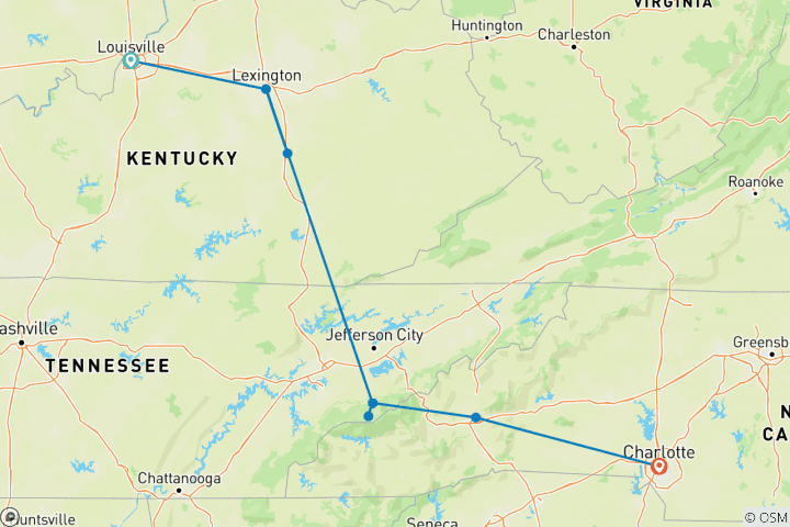 Map of Bluegrass Country & the Smoky Mountains featuring Louisville, Lexington, Gatlinburg & Asheville (Louisville, KY to Asheville, NC) (2025) (9 destinations)