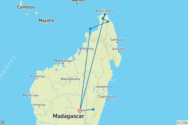 Kaart van Aangepaste Madagaskar 13 Daagse Lemuren & Strandvakantie, Privégids & Jeep