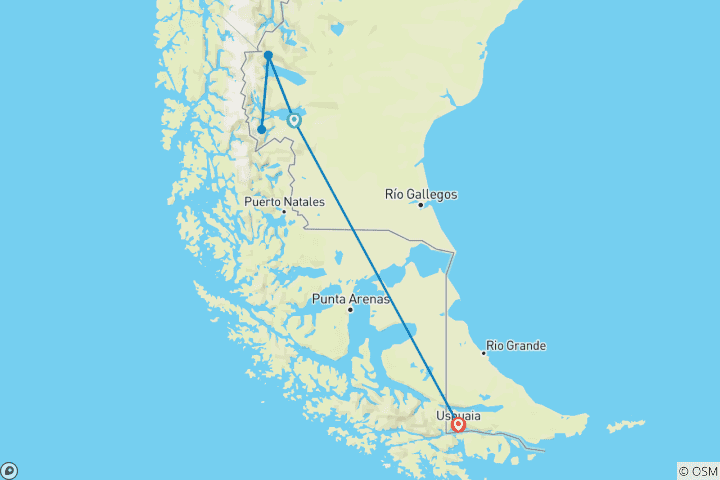 Carte du circuit Sud de la Patagonie : El Calafate, El Chalten et Ushuaia