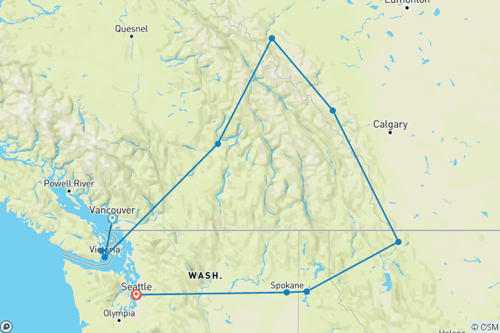 Kaart van De Canadese Rockies & de Pacifische Kust – in kleine groep – eindpunt Seattle – 14 dagen