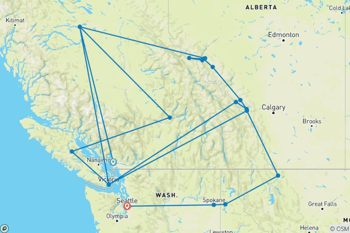 Carte du circuit Rocheuses canadiennes et côte pacifique (petits groupes)