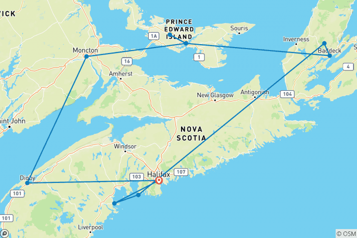 Carte du circuit Paysages des Maritimes canadiennes - petit groupe, 12 jours