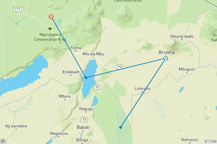 Mapa de Circuito en grupo de 3 días por los parques de tarangire, el cráter del Ngorongoro y el lago manyara