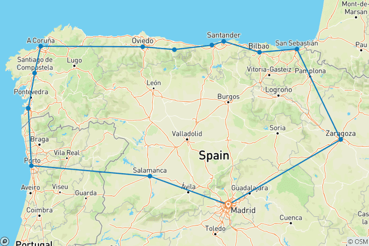Map of North of Spain & Portugal, 8 days