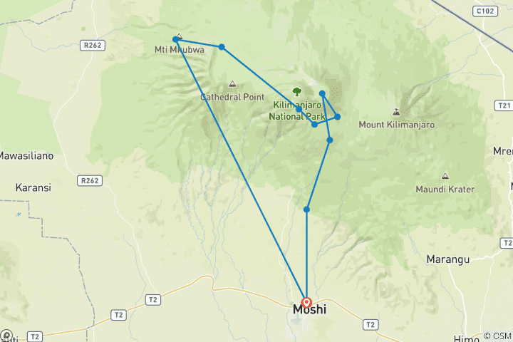Carte du circuit Route du Lemosho - Ascension du Kilimandjaro - 9 jours