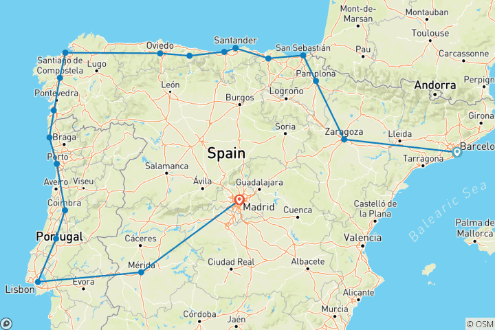 Kaart van 12-daagse Noord-Spanje & Lusitania vanuit Barcelona