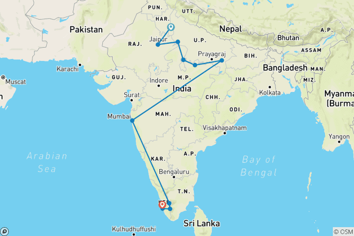 Map of Incredible India - Classic North India, Mumbai & Kerala !!