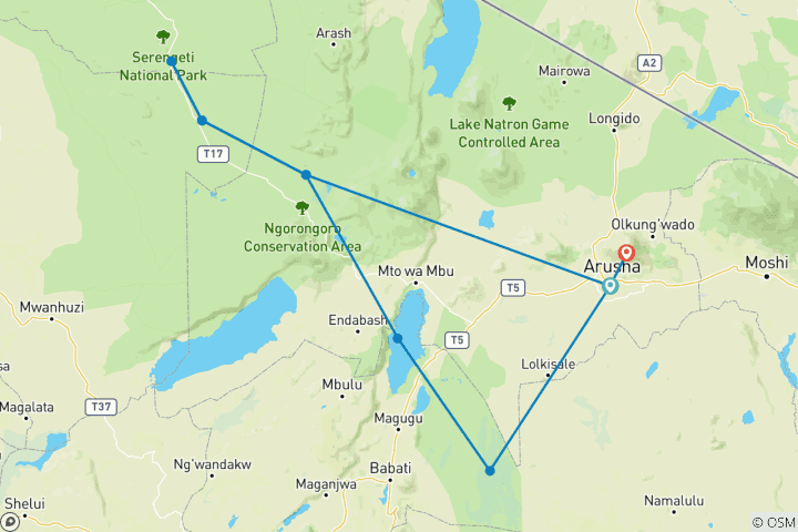 Mapa de Circuito de 8 días: Parque Nacional de Arusha, lago Manyara, Serengeti, Tarangire y cráter del Ngorongoro