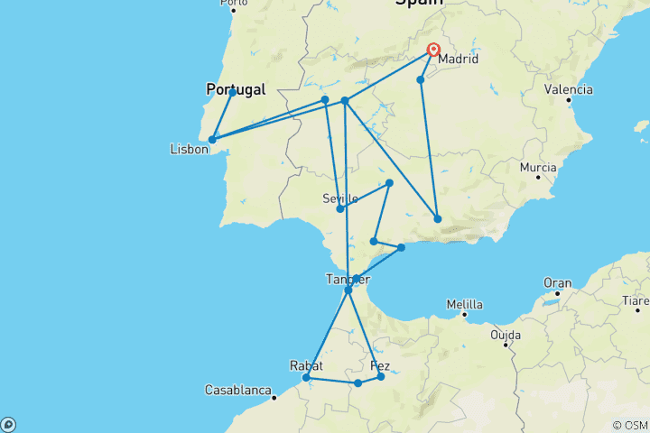 Kaart van Portugal, Andalusië & Marokko - 13 dagen