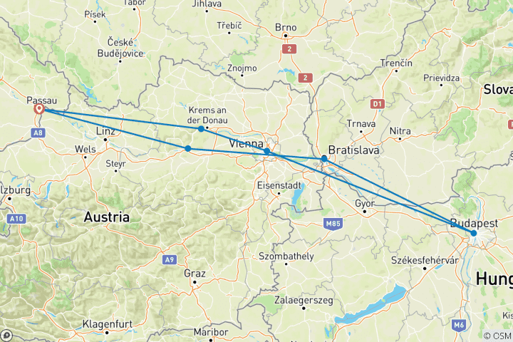 Map of Classical Danube (Passau - Budapest - Passau) MS Fidelio