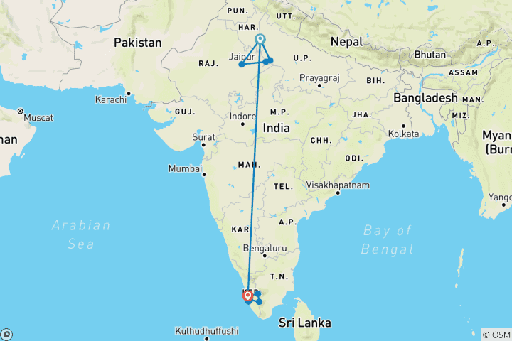 Map of Golden Triangle and Kerala: A Private Delhi to Cochin Tour with 5 Star Hotels (with Domestic Flight)