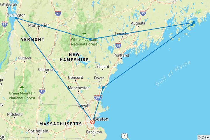 Map of Autumn Colours (9 Days, Boston Airport And Post Trip Hotel Transfer) (including Portsmouth)