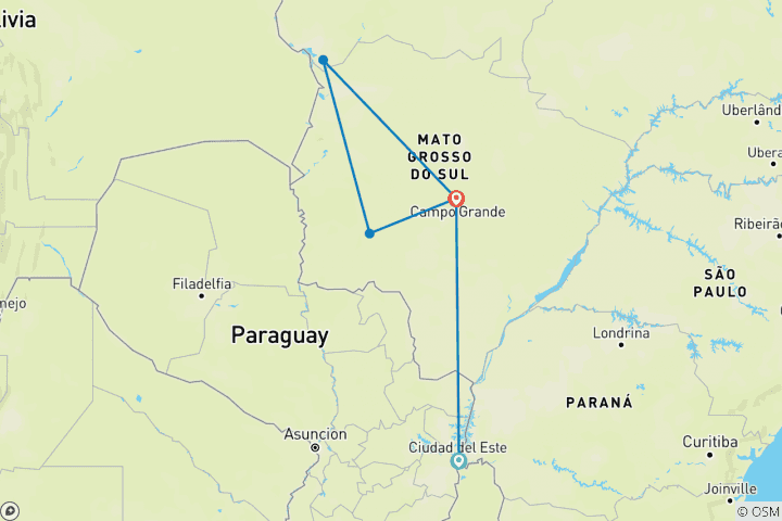 Kaart van Pantanal, Bonito & Iguazu - een avonturenreis vanuit Foz de Iguacu - 9 dagen