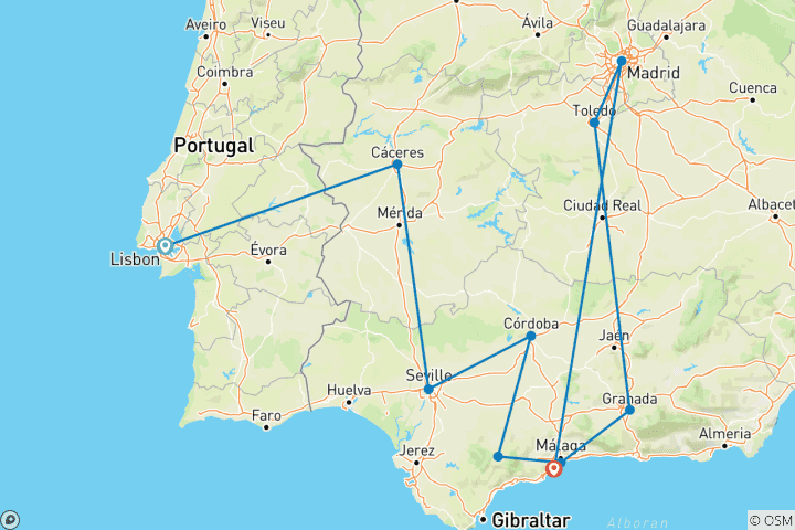 Carte du circuit Au départ de Lisbonne, 6 jours en Andalousie et à Madrid