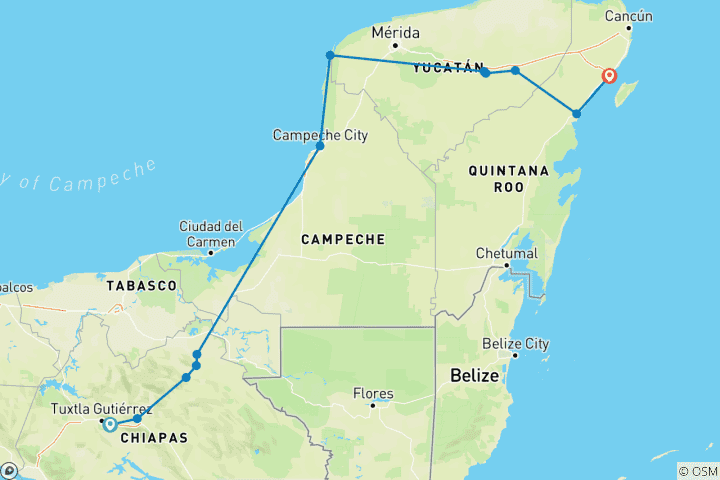 Carte du circuit Circuit Maya : Découvrez le meilleur du Mexique du Sud, son paradis et son passé antique.