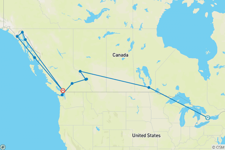 Map of Great Canadian Rail Journey with Alaska Cruise