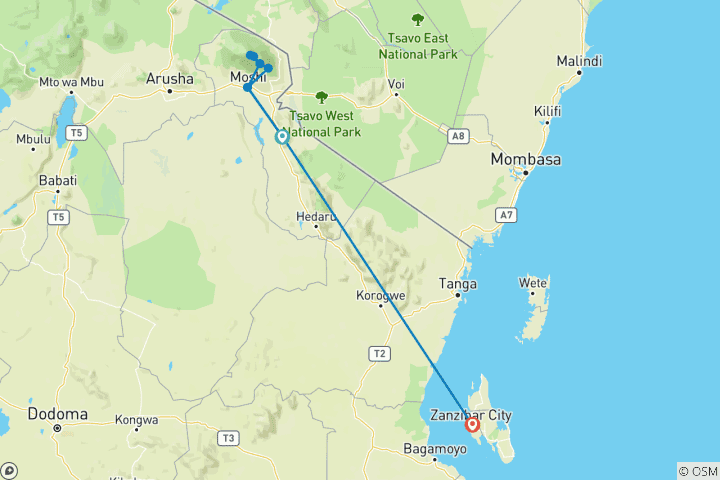 Map of 11 Days Mount Kilimanjaro Climb - Marangu Route & Zanzibar Beaches