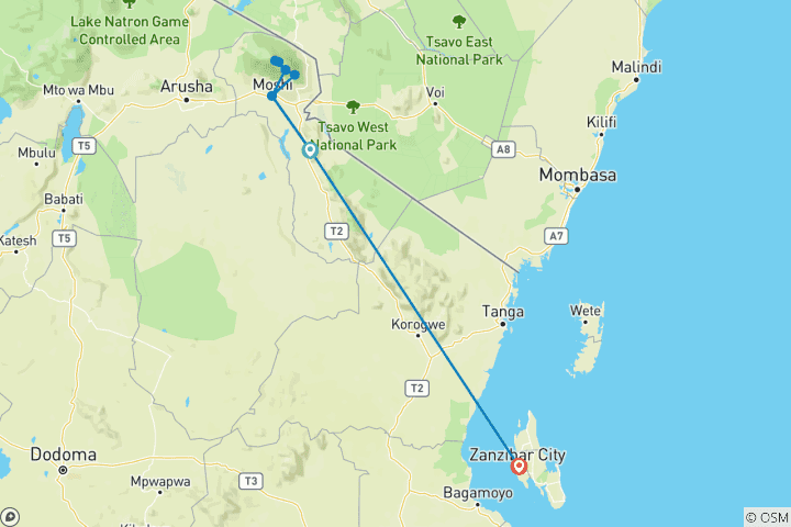 Carte du circuit 11 jours d'ascension du Kilimandjaro par la route de Marangu avec retraite sur la plage de Zanzibar
