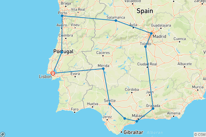 Kaart van Vanuit Lissabon 8-daagse Andalusië, Madrid & Porto