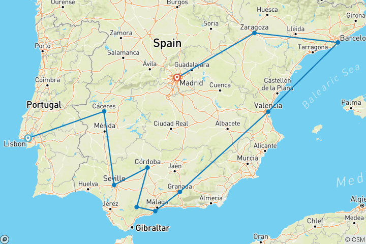 Map of Andalucia & Mediterranean Coast (from Lisbon to Madrid)