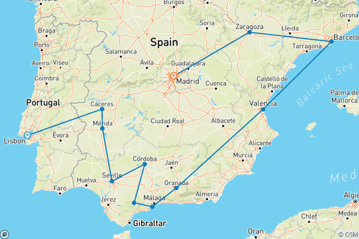 Kaart van Vanuit Lissabon 9-daagse Andalusië & Middellandse Zeekust