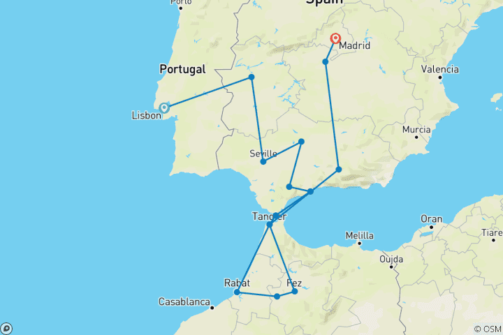 Carte du circuit Au départ de Lisbonne, 10 jours en Andalousie et au Maroc