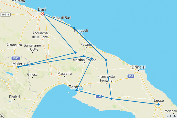 Map of Grand Tour of Puglia-Basilicata, from Matera to Lecce