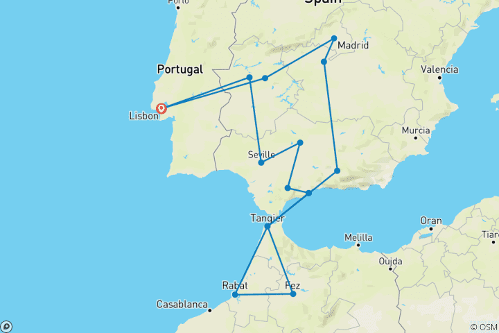 Mapa de Desde Lisboa 12 días Andalucía y Marruecos