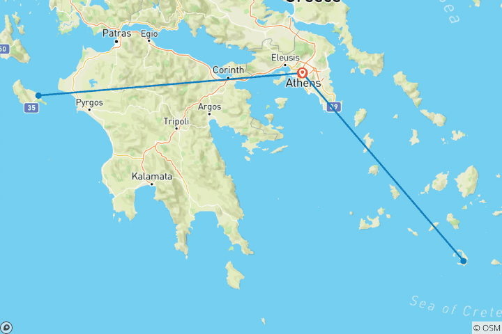 Map of Discovery of Athens, Zakynthos & Santorini - 8 Days