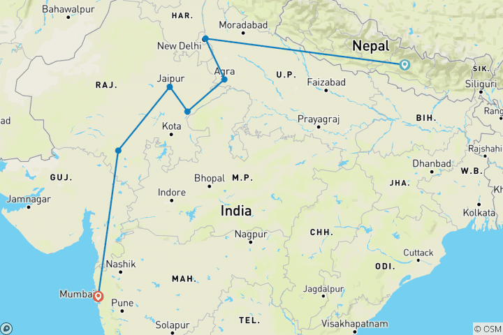 Mapa de Circuito de lujo de 13 días por el majestuoso Nepal y la India