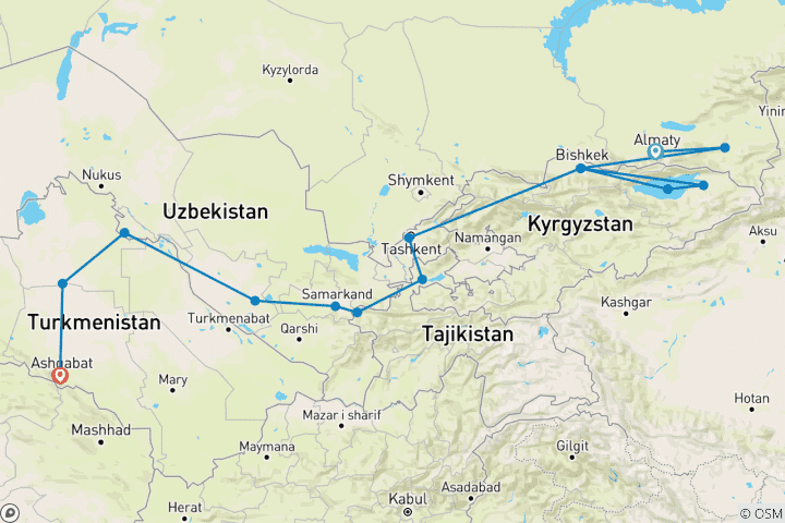 Map of Central Asia 5 Stans 20-Day Tour