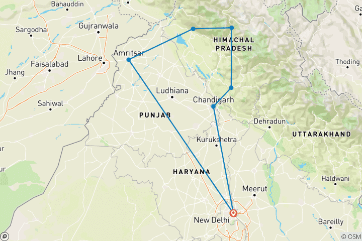 Carte du circuit Circuit unique dans l'Himalaya avec visites, Trekking et hébergement dans une famille indienne