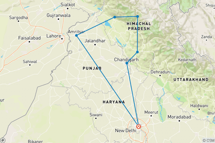 Map of Unique Himalaya tour with sightseeing, trekking and Indian family homestay