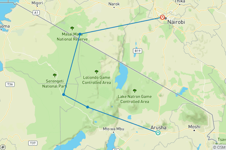 Carte du circuit Découvrez le meilleur forfait de safari privé de classe mondiale au Kenya et en Tanzanie en 6 jours