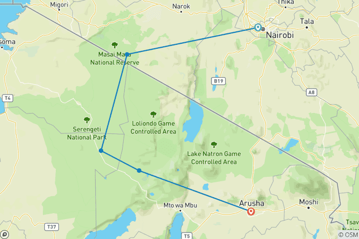 Carte du circuit Découvrez le meilleur forfait de safari privé de classe mondiale au Kenya et en Tanzanie en 6 jours