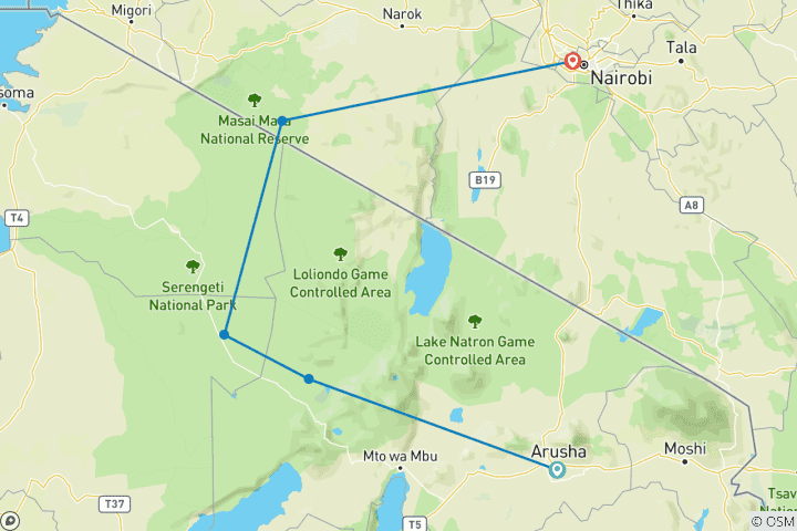 Carte du circuit Découvrez le meilleur du monde et le safari privé classique de 6 jours de la Tanzanie au Kenya