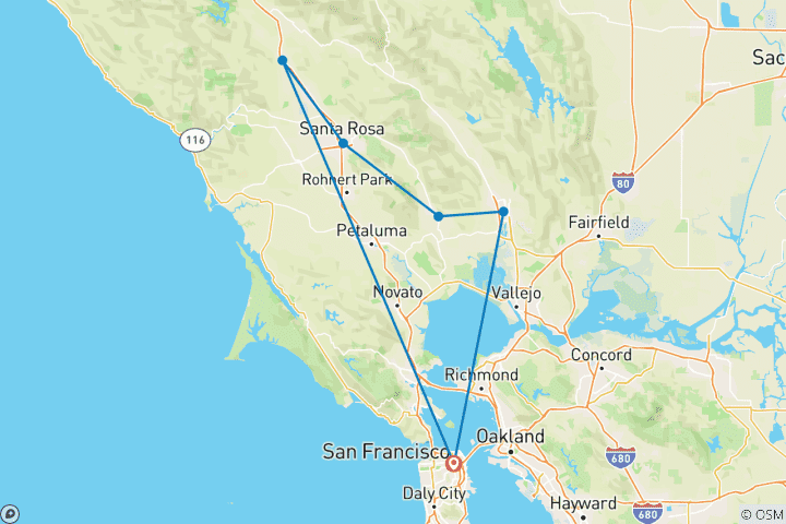 Carte du circuit Cyclisme à Sonoma et dans la vallée de Napa