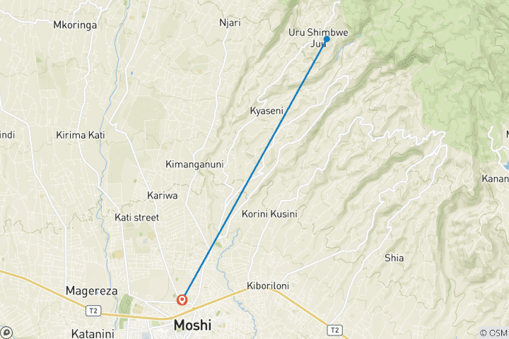 Map of Day trip tour to Materuni Waterfalls coffee tour: it takes 45 minutes to visit the most beautiful place through the valleys of Materuni Falls