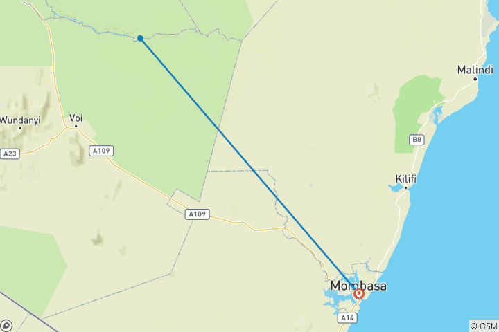 Map of Overnight safari to Tsavo East from Diani