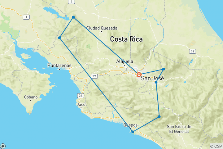 Carte du circuit Monteverde - 14 jours d'aventure