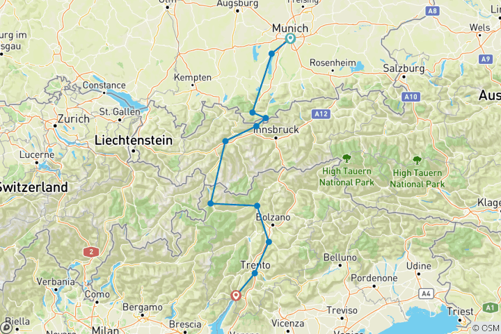 Karte von Alpenüberquerung München - Gardasee mit dem Rad (11 Tage)