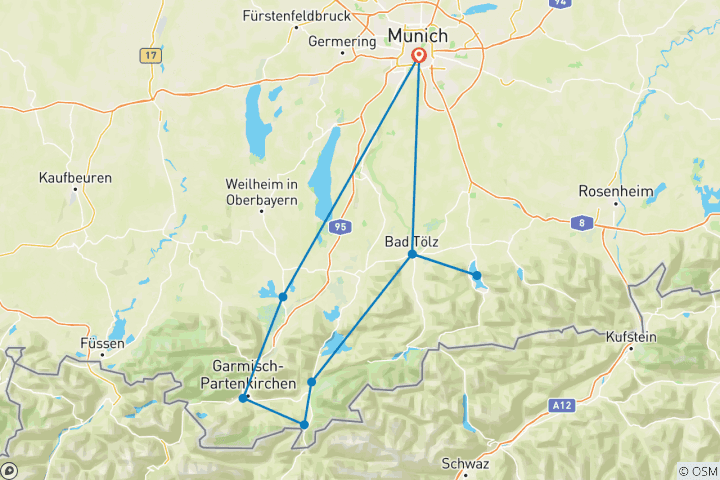 Kaart van Merenroute München - Isar-fietsroute en Beierse meren (8 dagen)